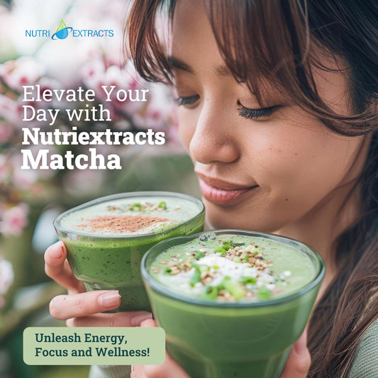Woman holding two glasses of vibrant green matcha, showcasing the rich colour and smooth texture of the beverages.