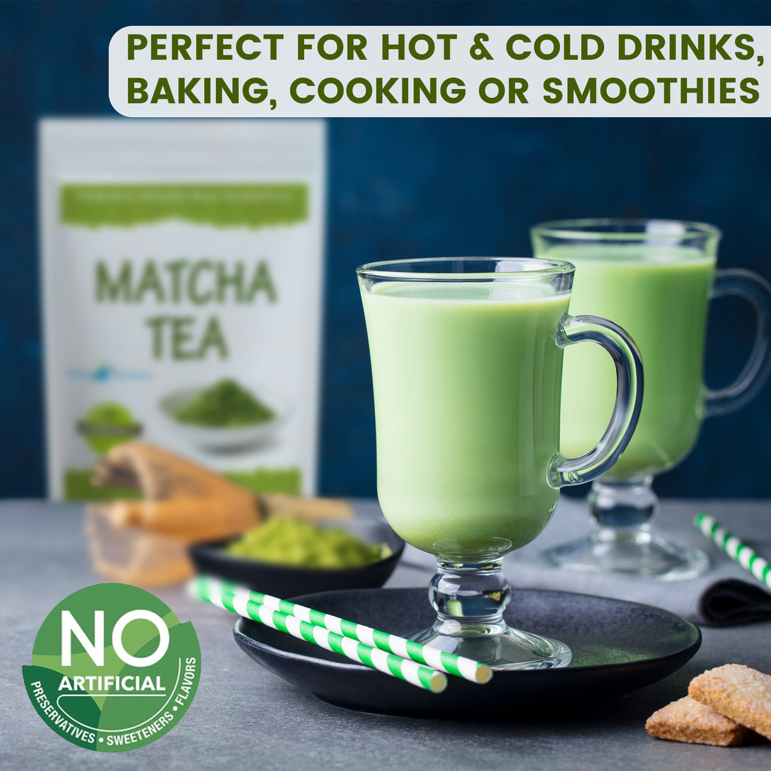 Two creamy matcha lattes served in clear glasses, with a NutriExtracts matcha pouch visible in the background, showcasing the premium quality of the matcha.