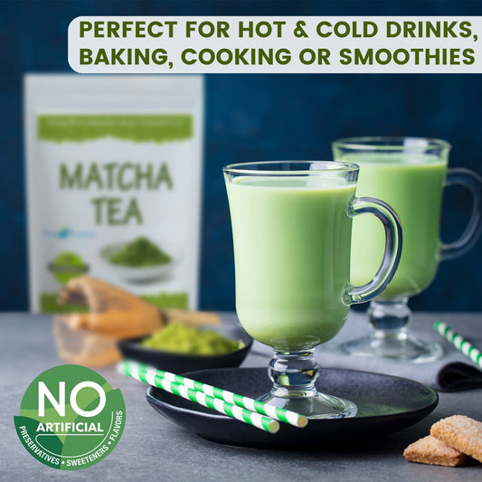 Two creamy matcha lattes served in clear glasses, with a NutriExtracts matcha pouch visible in the background, showcasing the premium quality of the matcha.